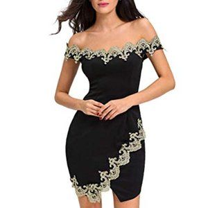 GOLD Braid Off The Shoulder Black Dress-Bodycon-Sexy & Elegant
